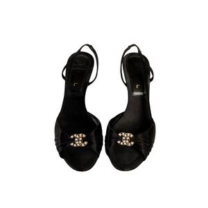 CHANEL 2005 “CC” Pearl Embellished Black Satin Slingback Heels